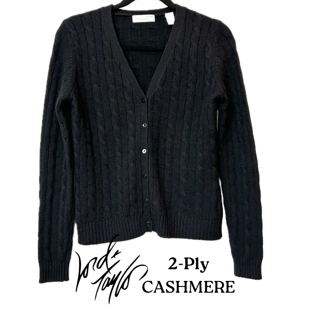 Lord&Taylor 2Ply Cashmere Cable Knit V-Neck Cardigan Long Sleeves Black